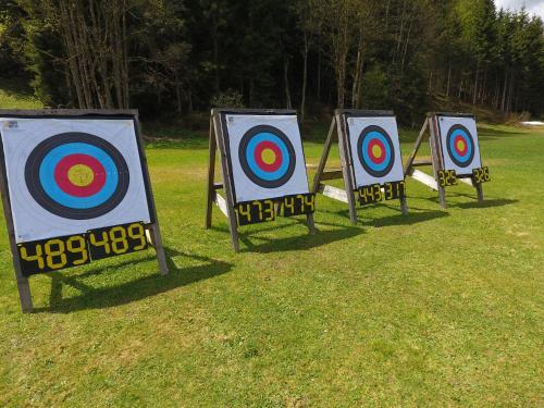 a row of targets sitting in the grass at Heutaler Hof - Hotel im Naturidyll in Unken