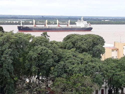 un gran barco en el agua cerca de algunos árboles en Bajada Sargento Cabral en Rosario