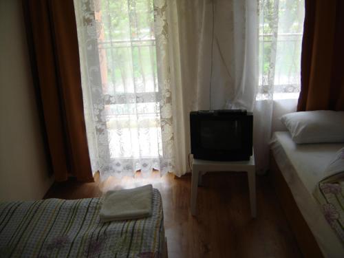 a room with a tv and a bed and window at Central Park Family Hotel in Kavarna
