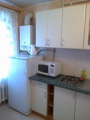 ドニプロにあるКвартира на пр. Александра Поляのキッチン(白い冷蔵庫、電子レンジ付)