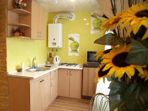 a kitchen with a sink and a kitchen with a sunflower at Квартира на проспекте Александра Поля с ромашками (Apartment on the Oleksandra Polia avenue with chamomiles) in Dnipro
