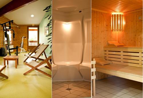 two pictures of a bathroom with a bath tub at Au Pont de Raffiny in Saint-Anthème