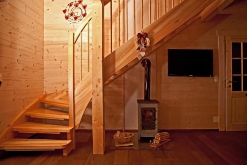 a staircase in a cabin with a wood stove at Chalet Bergheimat in Wagrain