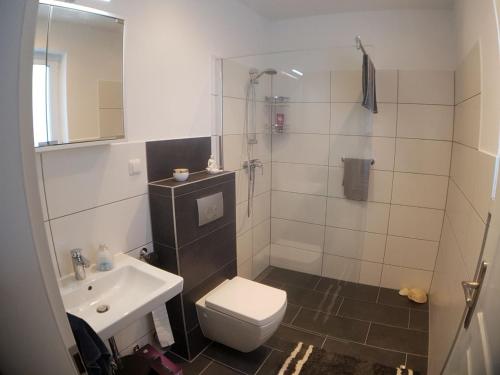 a bathroom with a toilet and a sink at Ferienwohnung Hof Theensen in Bad Münder am Deister