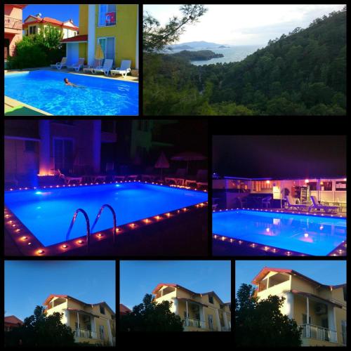 a collage of photos of a swimming pool at night at Karaca Apart Hotel in Dalyan