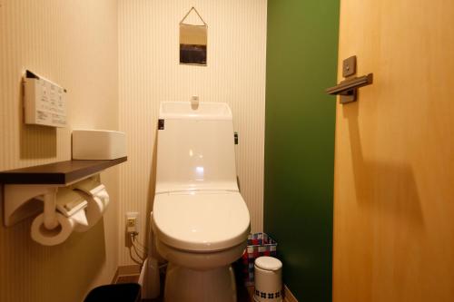 a bathroom with a white toilet and a green wall at Terakoya Hanatei in Asago