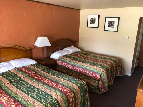 une chambre d'hôtel avec deux lits et une lampe dans l'établissement Angola Motel, à Angola-on-the-Lake