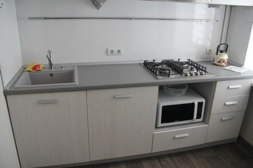 a kitchen with a stove and a sink and a microwave at Современная 1-комнатная квартира in Kharkiv