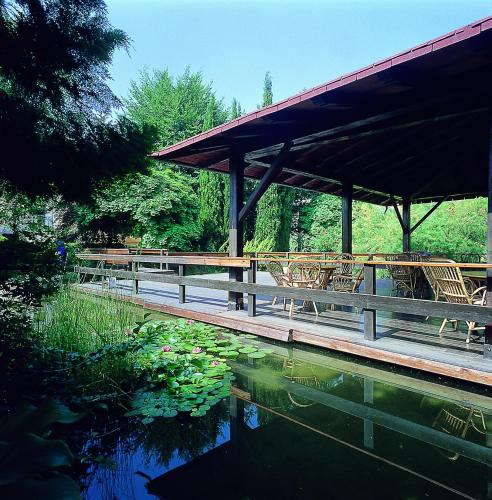 a patio with tables and chairs next to a pond at Parc Hotel Casa Mia in Lazise