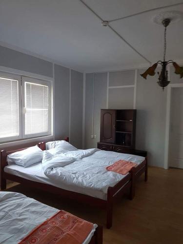 a bedroom with two beds and a tv on the wall at Golden Danube in Veliko Gradište