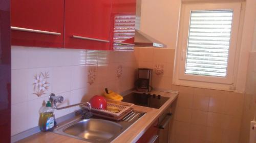 a kitchen with a sink and red cabinets and a sink at Apartment Ružica in Zubovići
