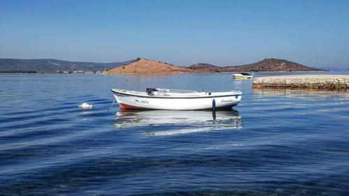 a white boat sitting in the middle of the water at Apartments and pansion M&R in Turanj