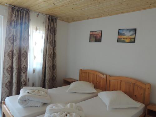 2 camas individuales en una habitación con ventana en Pensiunea Iulia Sulina, en Sulina