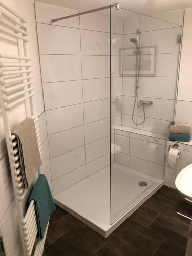um chuveiro com uma porta de vidro na casa de banho em Friesenhof 8H em Grömitz