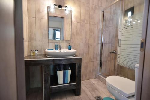 a bathroom with a sink and a shower and a toilet at Searockhouse in Paleo Tsifliki