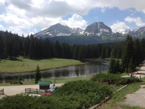 a view of a river with mountains in the background at Boskovica Brvnare in Žabljak