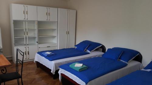 a bedroom with two beds with blue sheets at Peró Vendégház in Debrecen