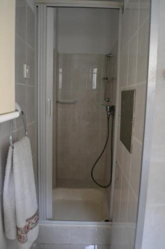 a bathroom with a shower with a bath tub at Alex in Rijeka