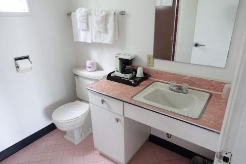 a bathroom with a sink and a toilet and a mirror at Discovery Inn - Eureka in Eureka