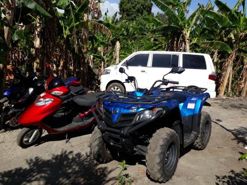 a red and blue atv parked next to a white van at Hospedaje Bananas in Altagracia