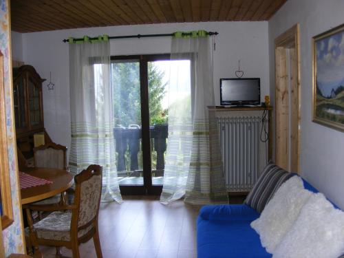 uma sala de estar com um sofá azul e uma porta de vidro deslizante em Appartementhaus Schwarzwaldblick em Lauterbach
