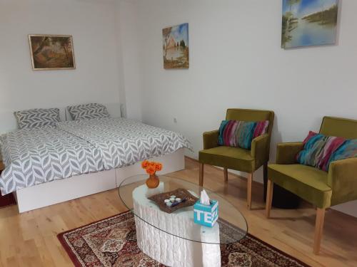 Pokój z łóżkiem, 2 krzesłami i stołem w obiekcie Apartment Nada w mieście Belišće
