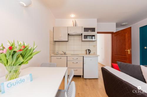 a kitchen and living room with a table and chairs at OLECKI Holiday House in Dźwirzyno