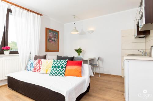 a living room with a couch with colorful pillows at OLECKI Holiday House in Dźwirzyno