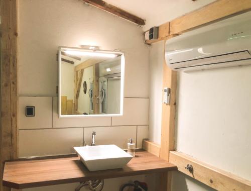 a bathroom with a white sink and a mirror at Ferienhaus-Elisabeth Bungalow-Tom Bungalow-Peter in Reinhardtsdorf