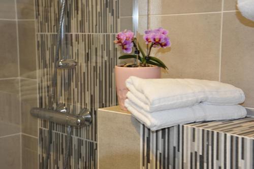 a bunch of towels sitting on a shelf in a bathroom at Hôtel de la baie de Paimpol in Ploubazlanec