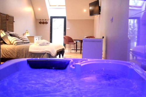 a large blue tub in a room with a bedroom at Domaine du bois Chaumet in Couzon