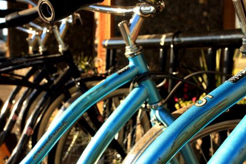 a group of blue bikes parked next to each other at Clover Island Inn in Kennewick