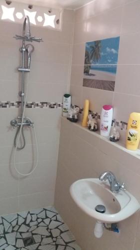 a bathroom with a sink and a shower at Kanalu Studio in Bouillante
