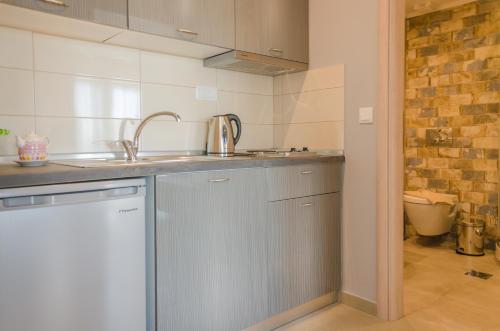 uma cozinha com um lavatório e uma bancada em GiRene Apartments em Limenaria