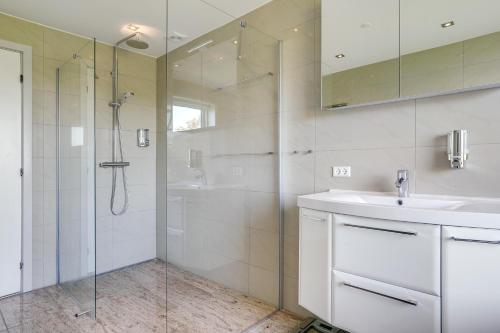 a bathroom with a shower and a sink and a mirror at Fjordhuset in Broager