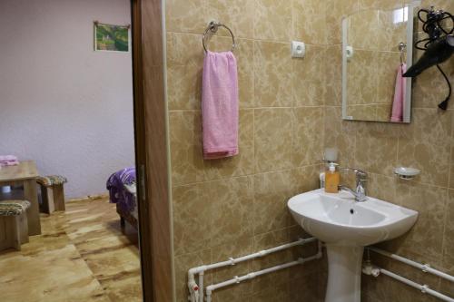 a bathroom with a sink and a mirror at Saro B&B and Safari Tours in Tatʼev