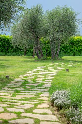 a stone path in a field with trees and grass at Borgo Argiano in Castelnuovo Berardenga