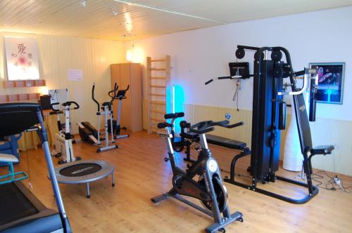 a gym with several exercise bikes in a room at Jägerhof in Hannover
