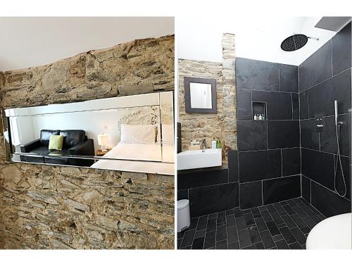 duas imagens de uma casa de banho com uma parede de pedra em Live & Let Live Inn em Woodland