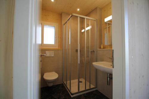 a bathroom with a shower and a toilet and a sink at Chalet Nr. 50 in Flühli