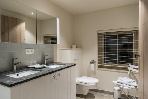 a bathroom with a sink and a toilet and a mirror at B&B De Windheer in Sint-Martens-Lennik