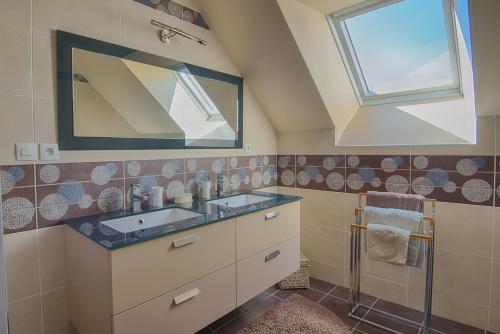een badkamer met een wastafel en een spiegel bij Au Jardin Fleuri in Vauxaillon