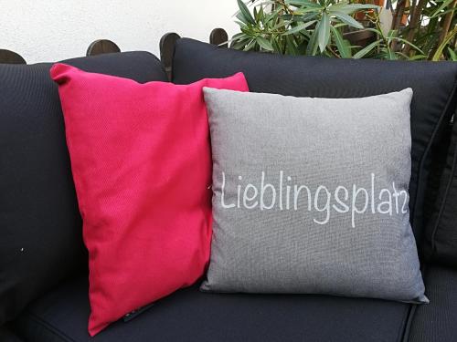 two pink and grey pillows sitting on a couch at Gästehaus Daurer in Reinsberg