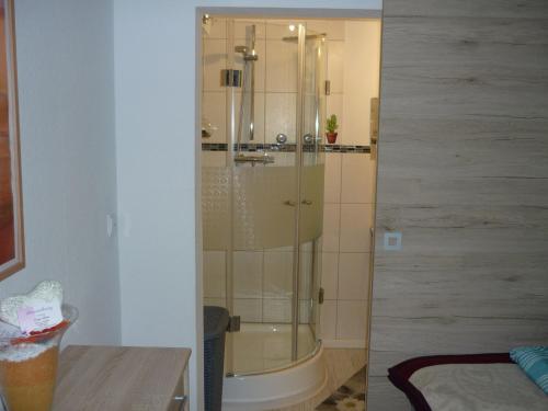 um chuveiro com uma porta de vidro na casa de banho em Carpe Diem em Rust