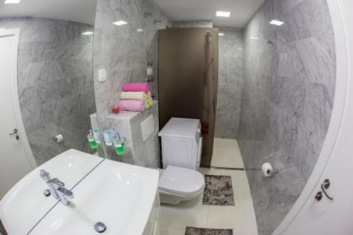 a bathroom with a white toilet and a sink at Apartman Anna Tre Canne Budva in Budva