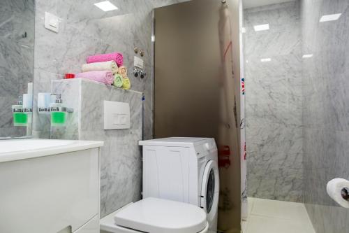 a bathroom with a white toilet and a shower at Apartman Anna Tre Canne Budva in Budva