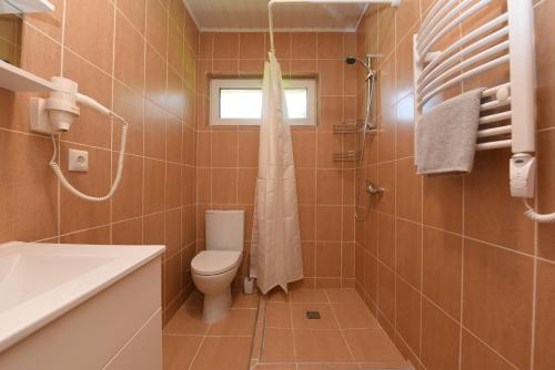 La salle de bains est pourvue de toilettes et d'un lavabo. dans l'établissement Kalniaus-Sodyba, à Barkellai