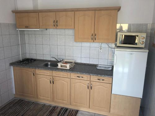 莫勞豪洛姆的住宿－Szundivendégház，厨房配有木制橱柜和白色冰箱。