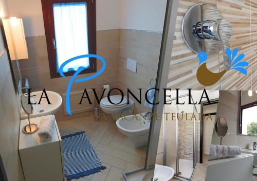 a bathroom with a toilet and a sink and a mirror at Case Vacanze La Pavoncella in Teulada