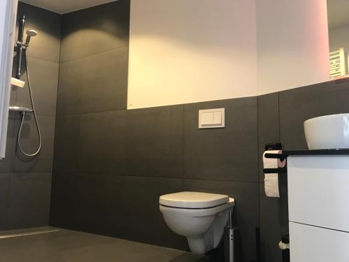 a bathroom with a white toilet and a shower at Beach lodge in Zandvoort